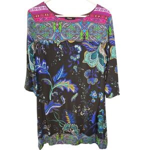 Desigual Womens Floral Boho Shift Dress Black Blue 3/4 Sleeve Size 42 L 18WWWW93